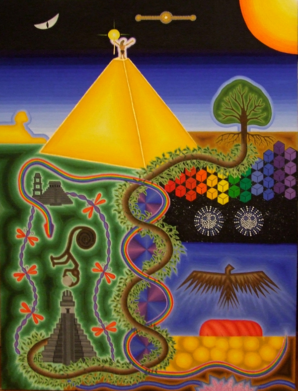 Dreaming of the Sun — painting by Lore Solaris: a golden pyramid with a figure at its apex under sun and moon, stepped temples and a rainbow serpent in green forest below