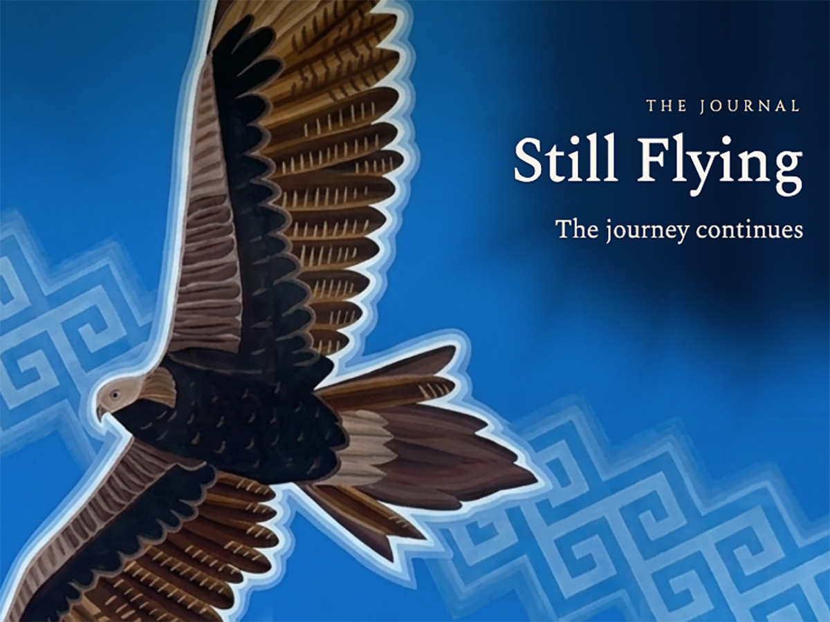 Still Flying — eagle painting by Lore Solaris over kene pattern