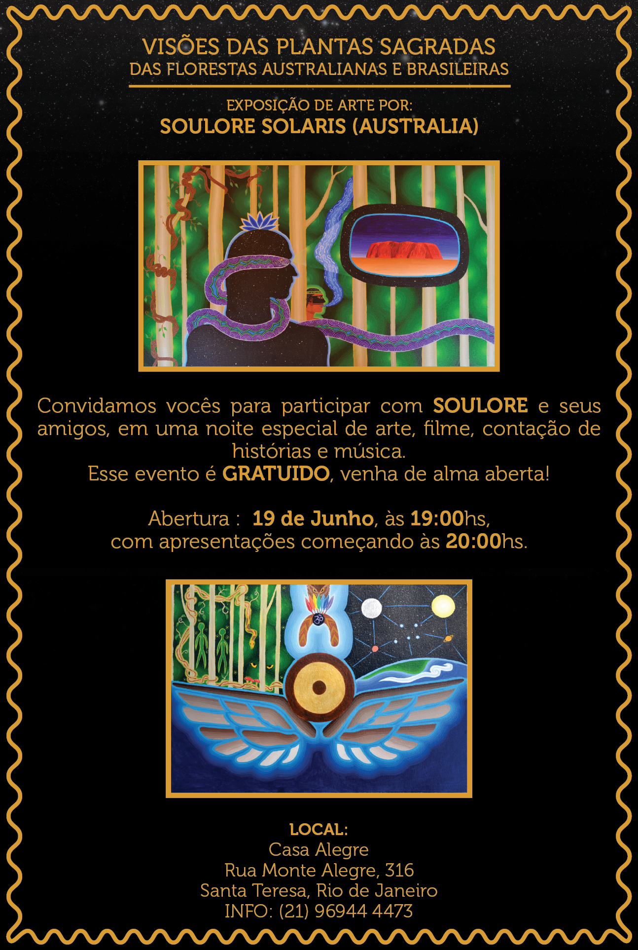 Gulwan opening night invitation in Portuguese, with two paintings, event details and the Casa Alegre address, inside a gold scalloped border