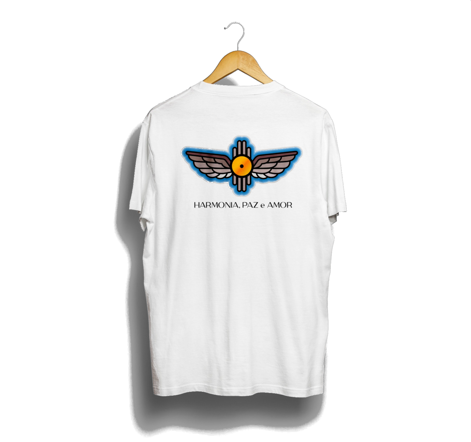Estrela da Ciranda t-shirt, back: winged sun emblem above the words Harmonia, Paz e Amor