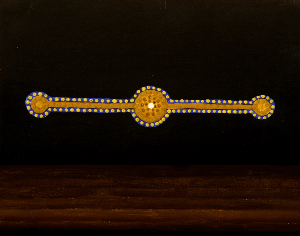 Gulwan, Spirit of the Night Sky — painting by Lore Solaris: a long gold form edged in blue and yellow dots hovering in a black sky above dark earth