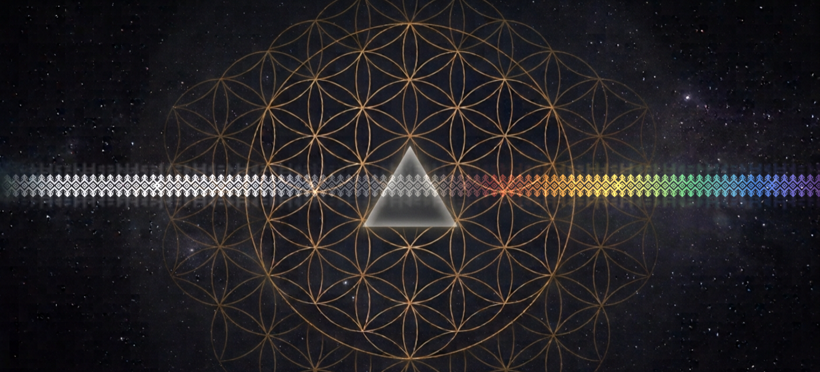 Flower-of-life mandala in a night sky, crossed by a band of kene pattern that passes from white light into the colours of the spectrum