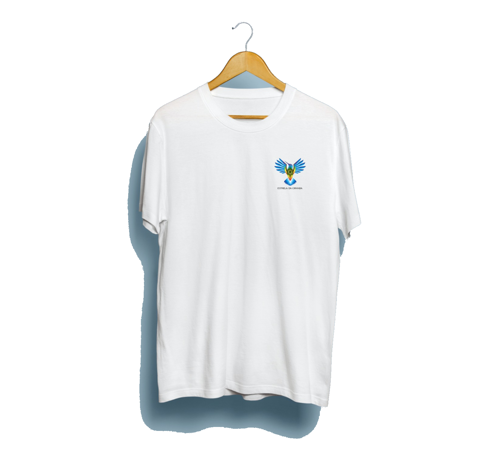 Estrela da Ciranda t-shirt, front: white cotton tee with a small hummingbird emblem on the chest