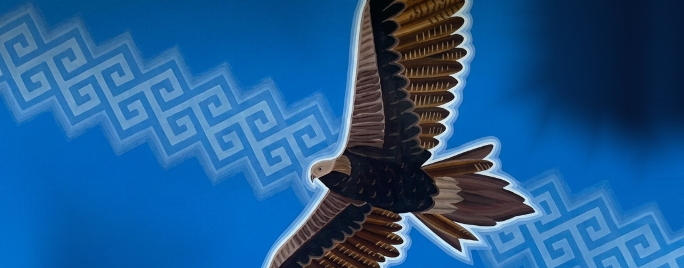 An eagle in flight over a kene-patterned sky